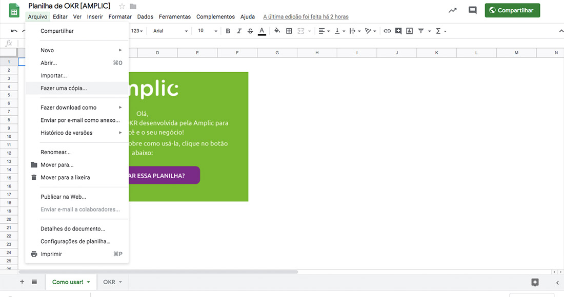 Como fazer uma cópia de uma Planilha OKR no Google Sheets